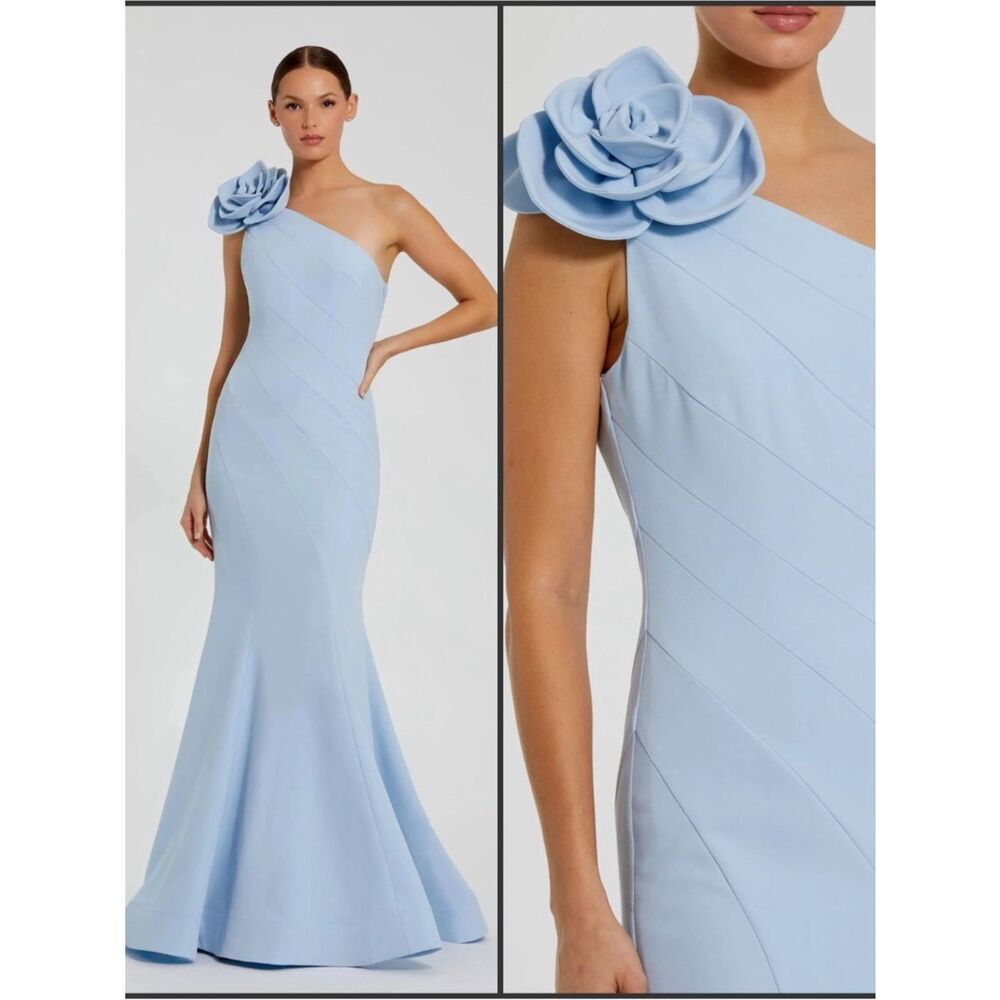 NWOT  Mac Duggal 2304 Blue One Shoulder Mermaid Gown With 3D Flower Size 8